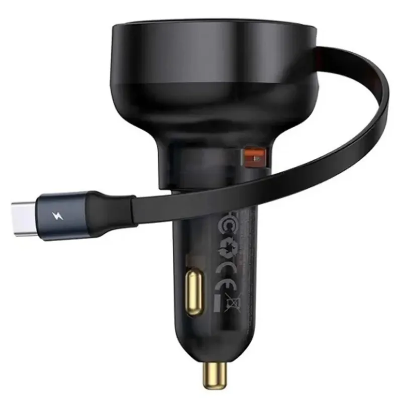 АЗП Baseus Enjoyment Pro PD60W with retractable cables (1USB-A/1C/1L) (C00057802111) – Cluster Black. Фото 3 з 5