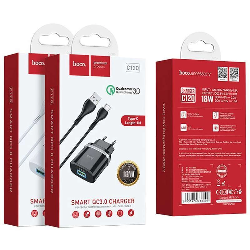 МЗП Hoco C12Q Smart QC3.0 (1USB/3A) + Type-C – Чорний. Фото 6 з 6