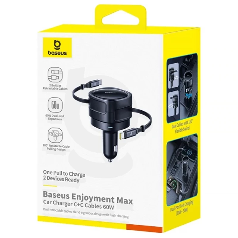 АЗП Baseus Enjoyment Max PD60W with retractable cable (2USB-C) (C00035507121) – Cosmic Black. Фото 3 з 4