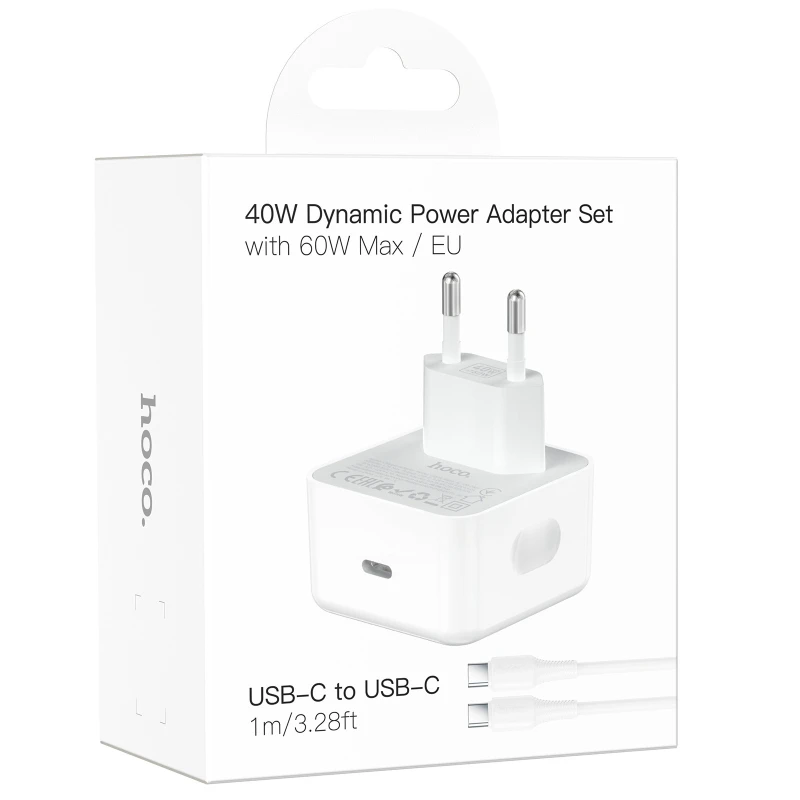 СЗУ Hoco C161A Speed PD40W (1USB-C) + кабель Type-C to Type-C – White. Фото 3 из 6