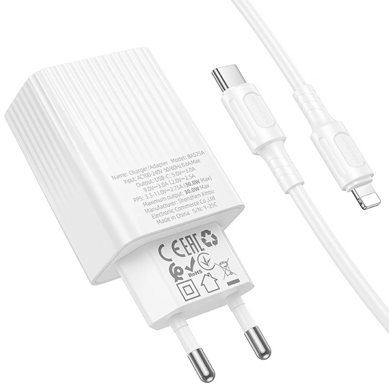 СЗУ Borofone BAS75A Source PD30W (1USB-C) + кабель Type-C to Lightning – White. Фото 4 из 4
