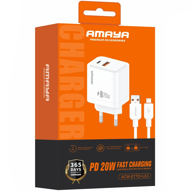 МЗП Amaya E77D PD20W+QC3.0 (1USB-A/1C) + кабель USB to Lightning – White. Фото 2 з 2