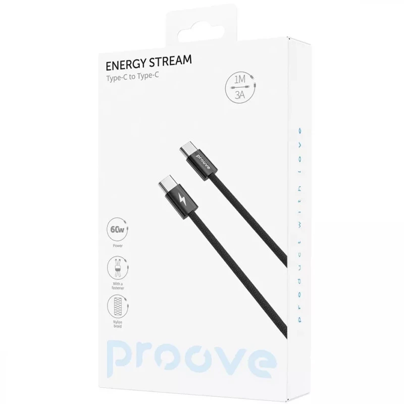 Дата кабель Proove Energy Stream Type-C to Type-C 60W (1m) – Black. Фото 3 з 3