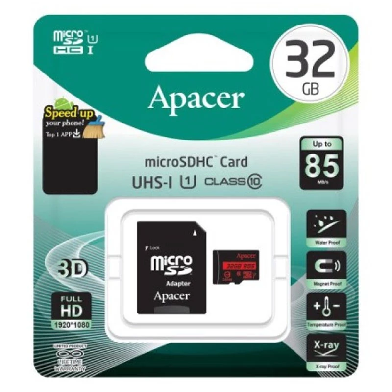Карта пам'яті Apacer microSDHC (UHS-1) 32Gb class 10 V10 A1 R100MB/s + SD adapter – Black. Фото 2 з 2