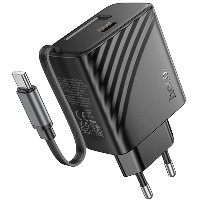 МЗП Hoco N57 Full PD20W with retractable cable Type-C (2USB-C) – Black. Фото 3 з 5
