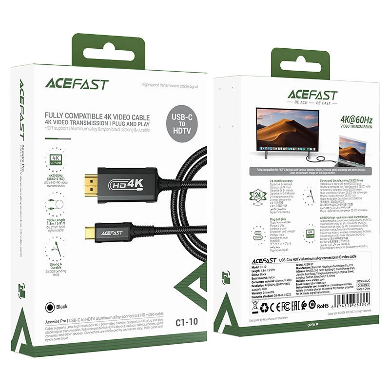 Дата кабель Acefast C1-10 USB-C to HDTV (1.8m) – Black. Фото 4 из 9