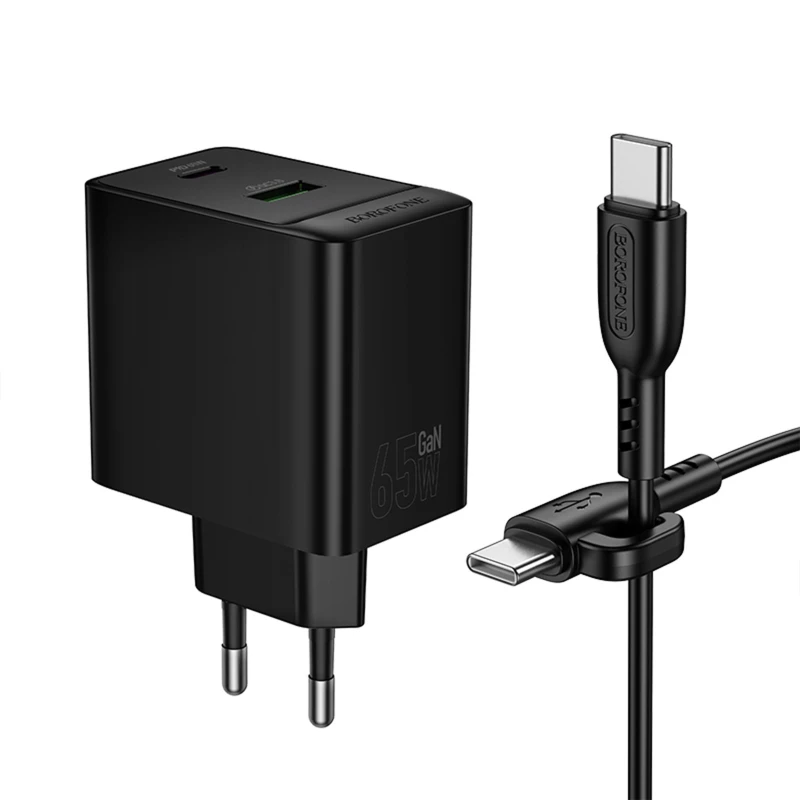 МЗП Borofone BAS17A Erudite PD65W+QC3.0 (1USB-A/1C) + кабель Type-C to Type-C – Black. Фото 4 з 7