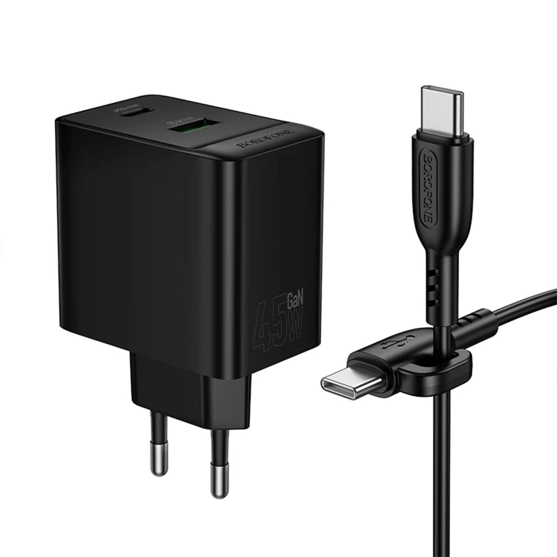 МЗП Borofone BAS16A Erudite PD45W+QC3.0 (1USB-A/1C) + кабель Type-C to Type-C – Black. Фото 4 з 5