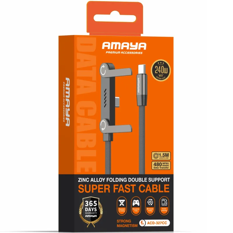 Дата кабель Amaya 327CC side plug and stand Type-C to Type-C 240W (1.5m) – Black. Фото 2 з 2