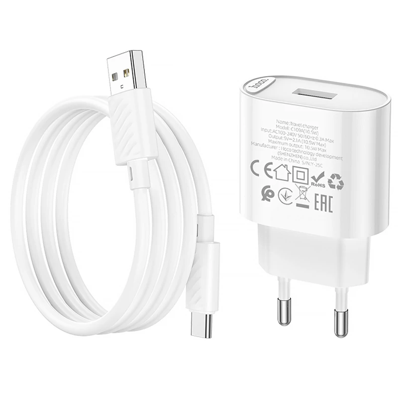 МЗП Hoco C109A Fighter 10.5W (1USB-A) + кабель USB to Type-C – White. Фото 6 з 6