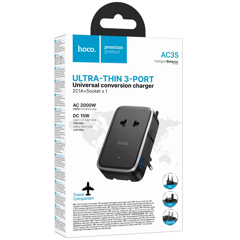 Сетевой универсальный переходник Hoco AC35 Capaz 15W + 1USB-A/2C – Black. Фото 2 из 6