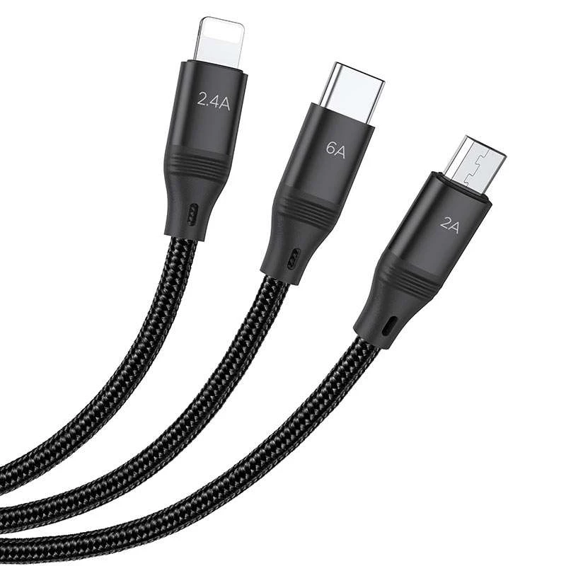 Дата кабель Hoco U104 Ultra 6A 3in1 Lightning -MicroUSB-Type-C (1.2m) – Черный. Фото 3 из 6