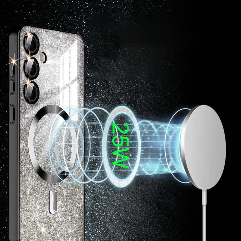 Чохол з блискітками, захисними лінзами на камеру та MagSafe на Samsung Galaxy S25 FE – Чорний / Black. Фото 4 з 5