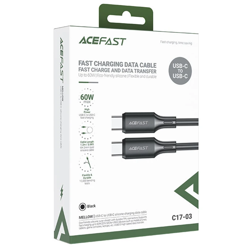 Дата кабель Acefast C17-03 Type-C to Type-C 60W (1.2m) – Black. Фото 2 з 5