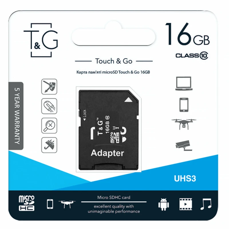 Карта памяти T&G (UHS-3) microSDHC Class 10 - 16GB (с адаптером) – Черный. Фото 2 из 2