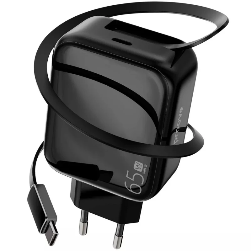 МЗП Proove Fixtape GaN 65W (1USB-C) + висувний кабель Type-C – Black. Фото 1 з 4