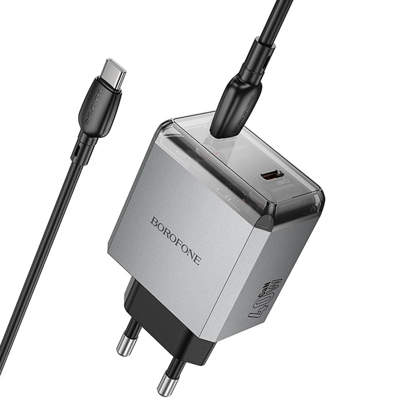 СЗУ Borofone BN21 Lena PD40W+QC3.0 (2USB-C) + кабель Type-C to Type-C – Metal gray. Фото 3 из 6