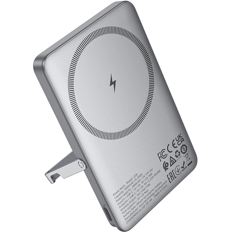 Портативний ЗП Power Bank Hoco Q36 Sunlight magnetic suction+holder PD20W з БЗП 5000 mAh – Metal grey. Фото 6 з 6
