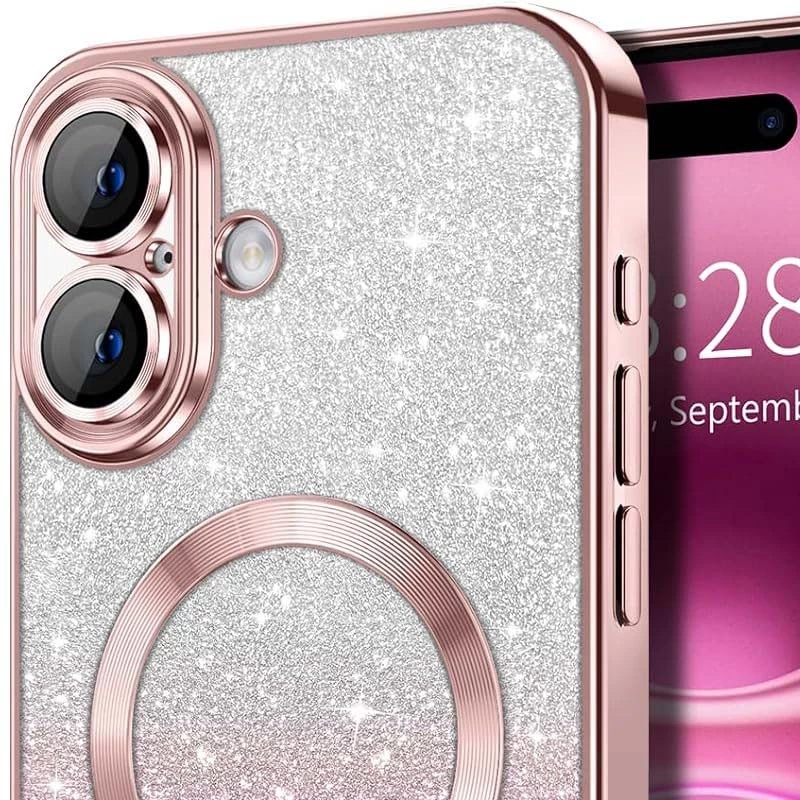 Чохол з блискітками, захисними лінзами на камеру та MagSafe на Apple iPhone 16 Plus – Рожевий / Rose Gold. Фото 4 з 4