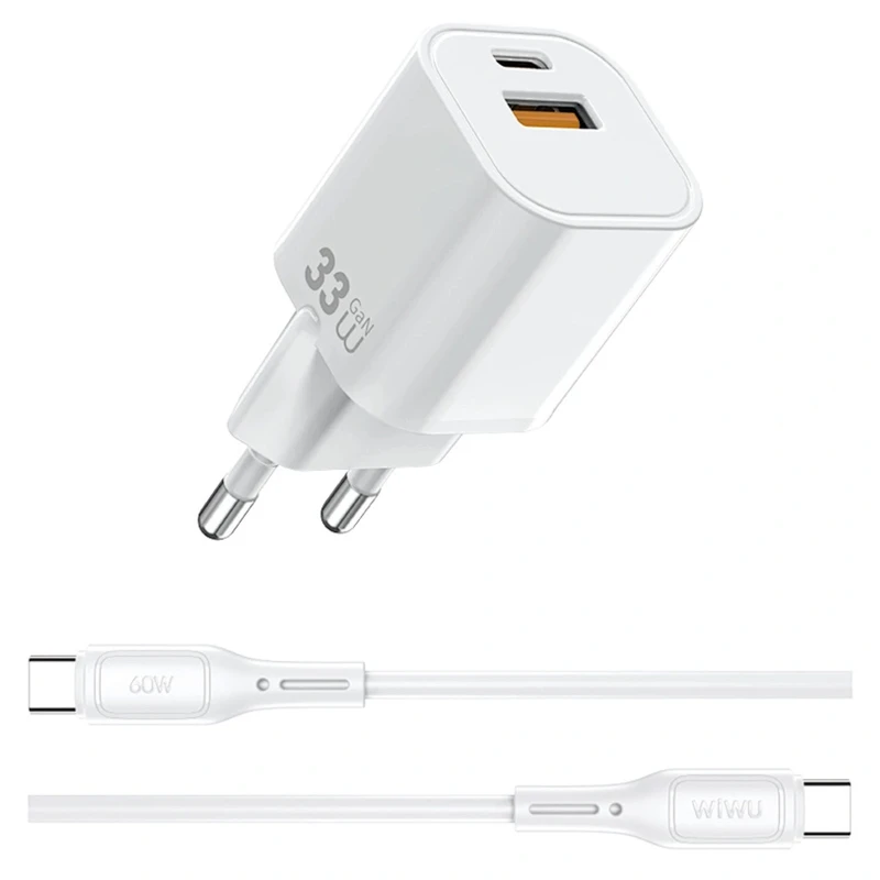 МЗП WIWU G018 Cube PD33W+QC3.0 GaN (1USB-A/1C) + кабель Type-C to Type-C – White. Фото 3 з 5