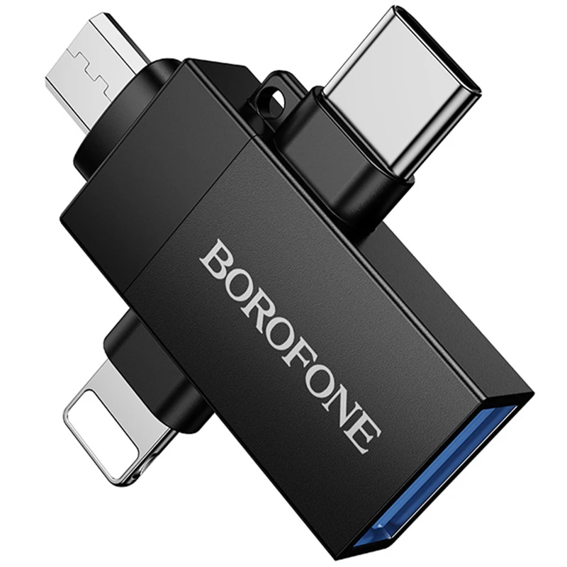 Перехідник Borofone BV26D 3in1 Lightning male/Type-C male/Micro male to USB2.0 female – Black. Фото 4 з 6