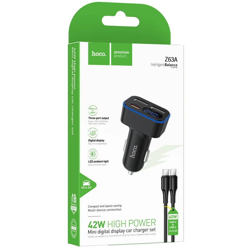 АЗУ Hoco Z63A Barry PD42W+QC3.0 (2USB-A/1C) + кабель Type-C to Type-C – Black. Фото 2 из 6