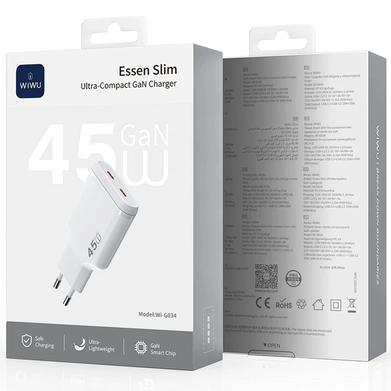 СЗУ WIWU G034 Essen PD45W GaN (2USB-C) – White. Фото 6 из 6