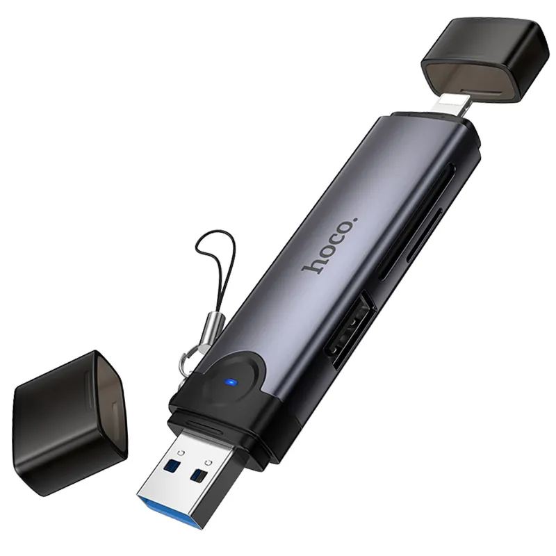 Картридер Hoco HB56A Victory 5in1 Lightning/USB2.0 to SD/TF3.0 + USB 2.0 – Metal gray. Фото 1 з 6