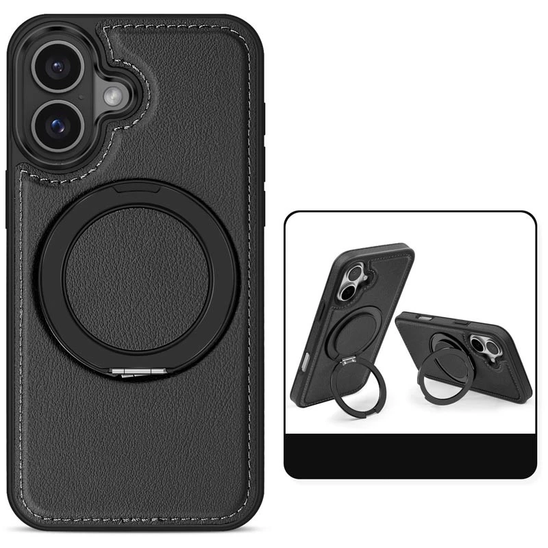 Шкіряна ретро накладка з кільцем та Magnetic Safe на Apple iPhone 16 – Black. Фото 4 з 6