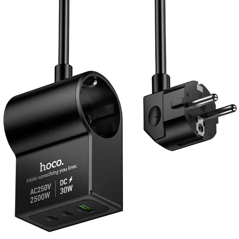 СЗУ Hoco AC33 Win 1 position 30W QC+PD (1USB-A/2C/1Socket) (1.5m) – Black. Фото 1 из 6