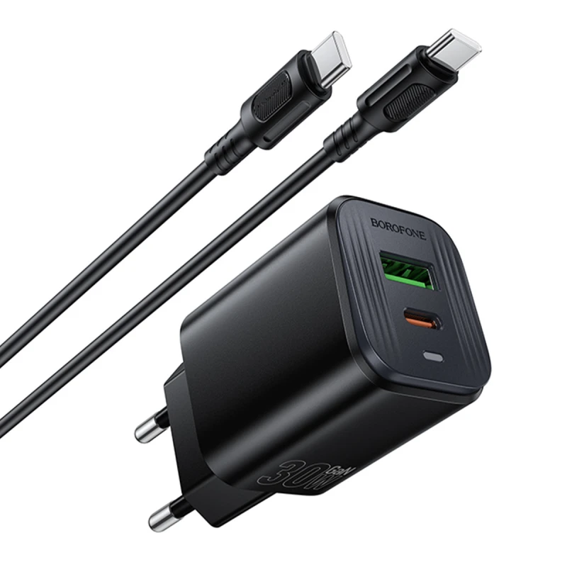 МЗП Borofone BAS85A Star PD30W+QC3.0 (1USB-A/1C) + кабель Type-C to Type-C – Black. Фото 4 з 6