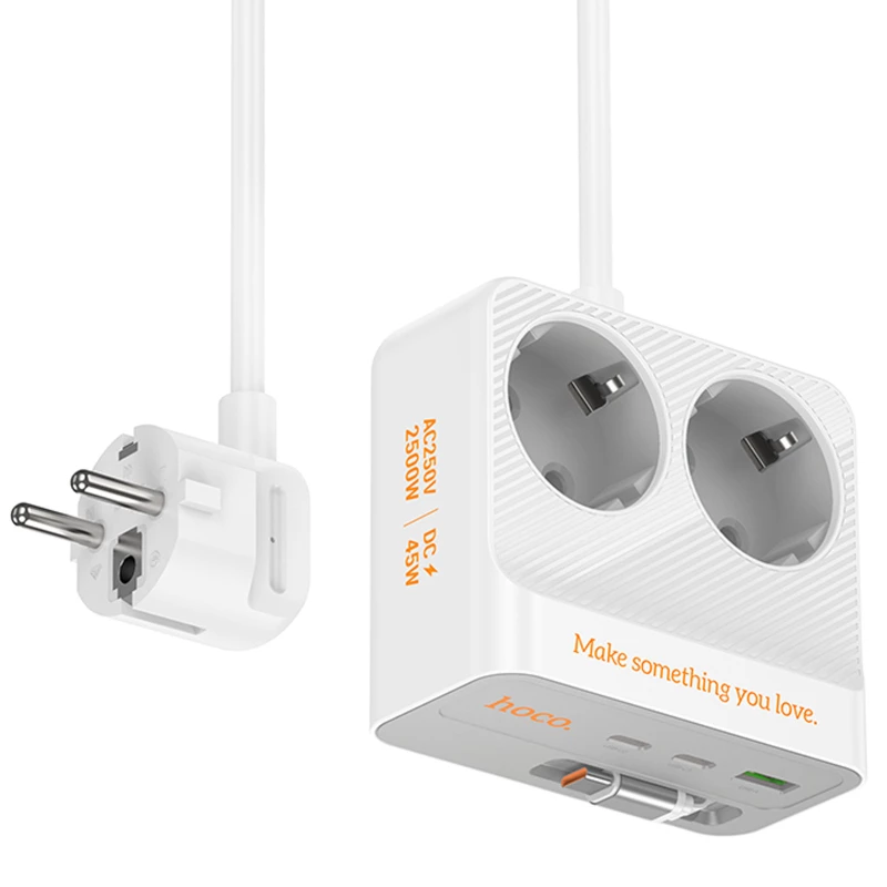 Подовжувач Hoco AC28 Descanso (PD45W/1C/3A/2xSocket) (2m) – White. Фото 2 з 7