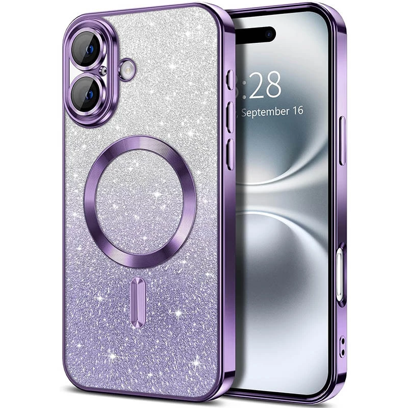 Чохол з блискітками, захисними лінзами на камеру та MagSafe на Apple iPhone 16 – Фіолетовий / Purple. Фото 2 з 4