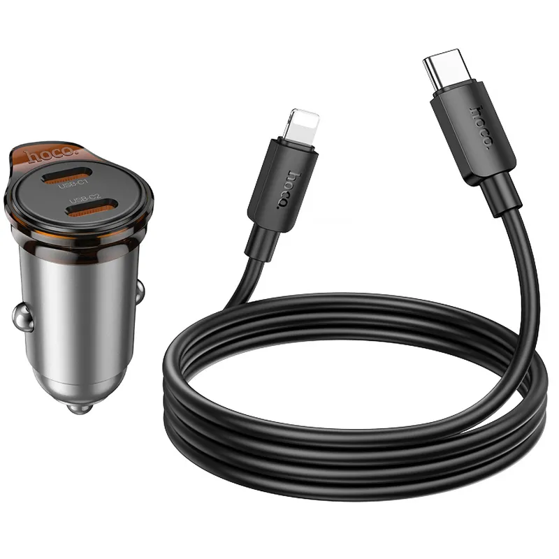 АЗП Hoco NZ16B Rigorous PD45W (2USB-C) + кабель Type-C to Lightning – Metal grey. Фото 3 з 5