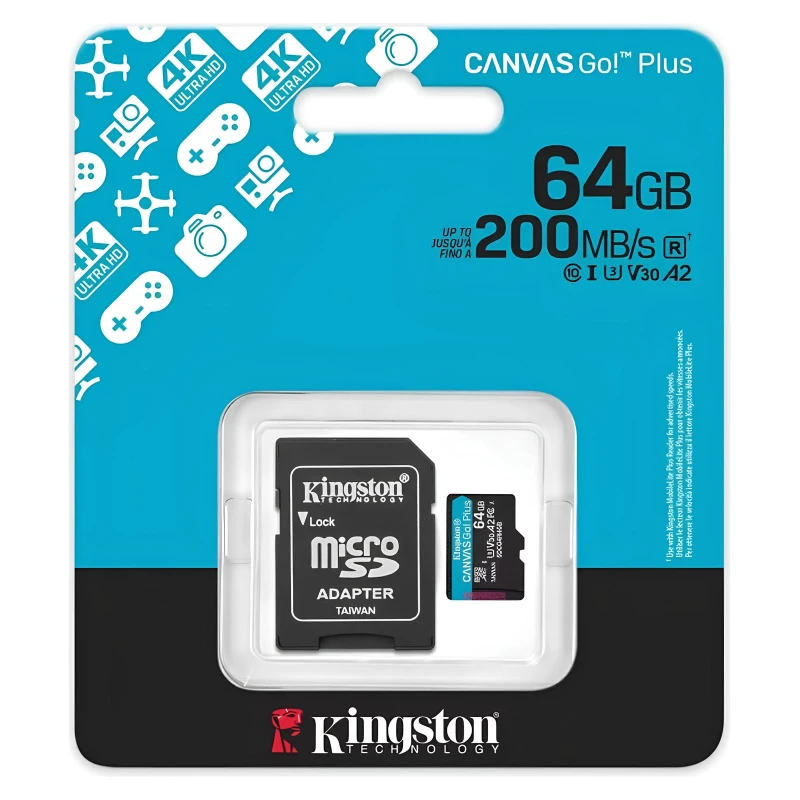 Карта пам'яті Kingston Canvas GP (UHS-3, R200MB/s) C-10 A2 V30 – 64GB (з адаптером) (SDCG4) – Black. Фото 3 з 3