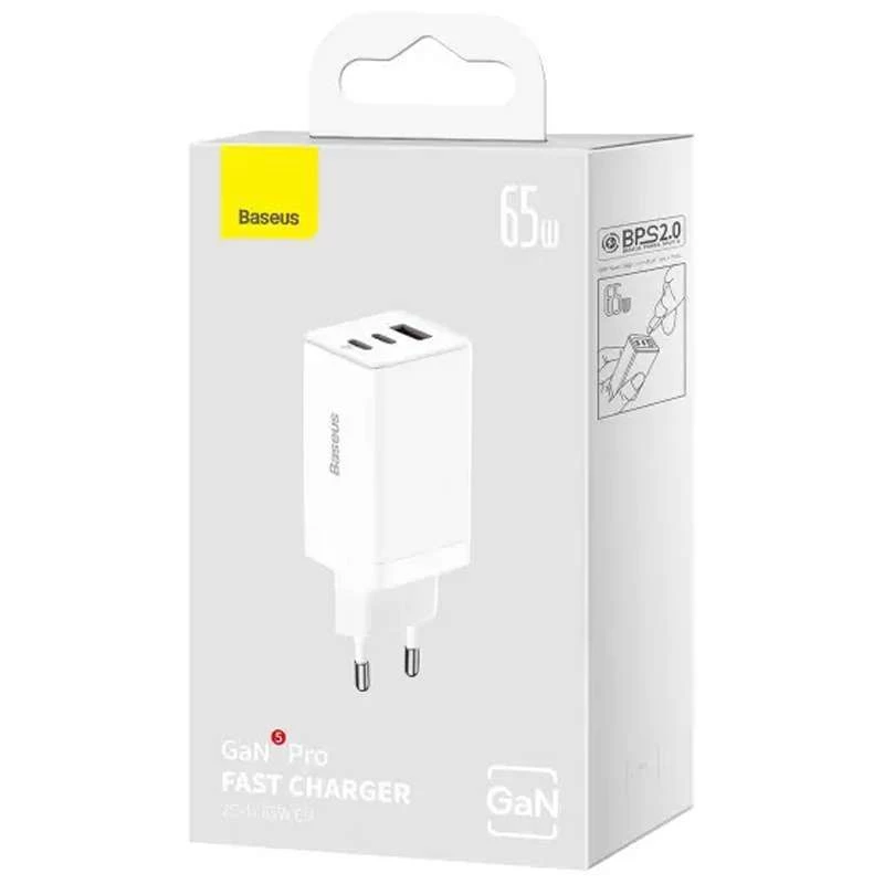 МЗП Baseus GaN5 Pro 65W 2Type-C+USB 100W EU (CCGP12020) – White. Фото 6 з 6