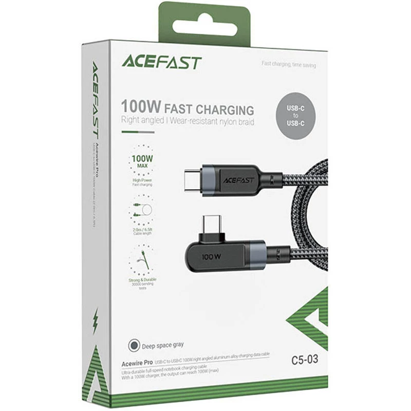 Дата кабель Acefast C5-03 USB-C to USB-C 100W right angled aluminum alloy (2m) – Black. Фото 4 из 4