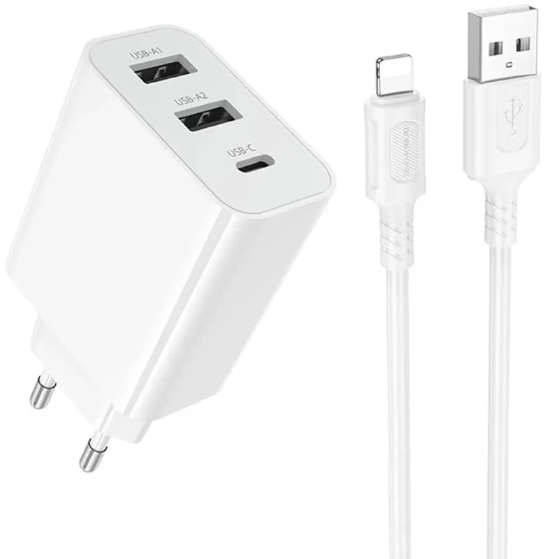 МЗП Borofone BA105A Stellar 15W (2USB-A/1C) + кабель USB to Lightning – White. Фото 1 з 3