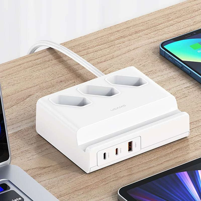 МЗП Usams US-CC160 P1 65W Super Si Fast Charging USB Extension Socket – White. Фото 2 з 6