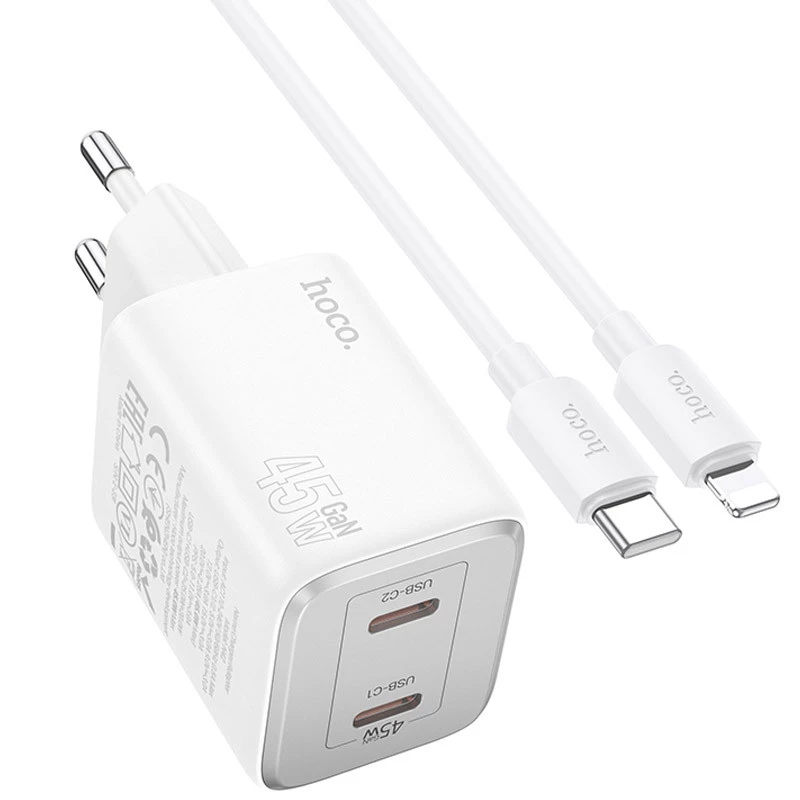 СЗУ Hoco N42 Elogiado 2C PD45W + Type to Lightning – White. Фото 2 из 5
