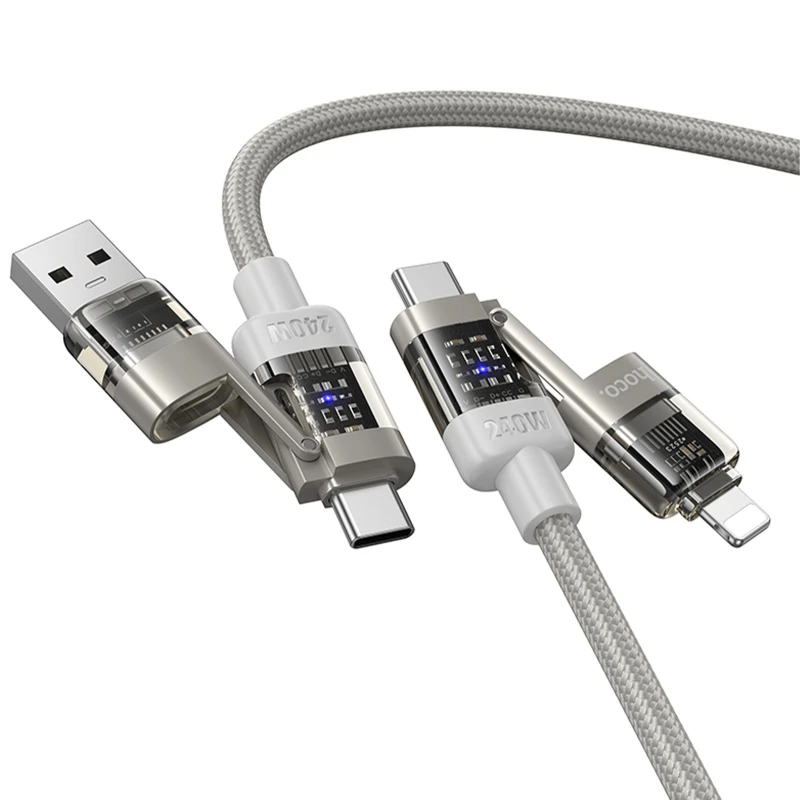 Дата кабель Hoco U151 Goldsmith 4in1 Type-C to Lightning/Type-C to USB 240W (1.2m) – Gray. Фото 2 з 4