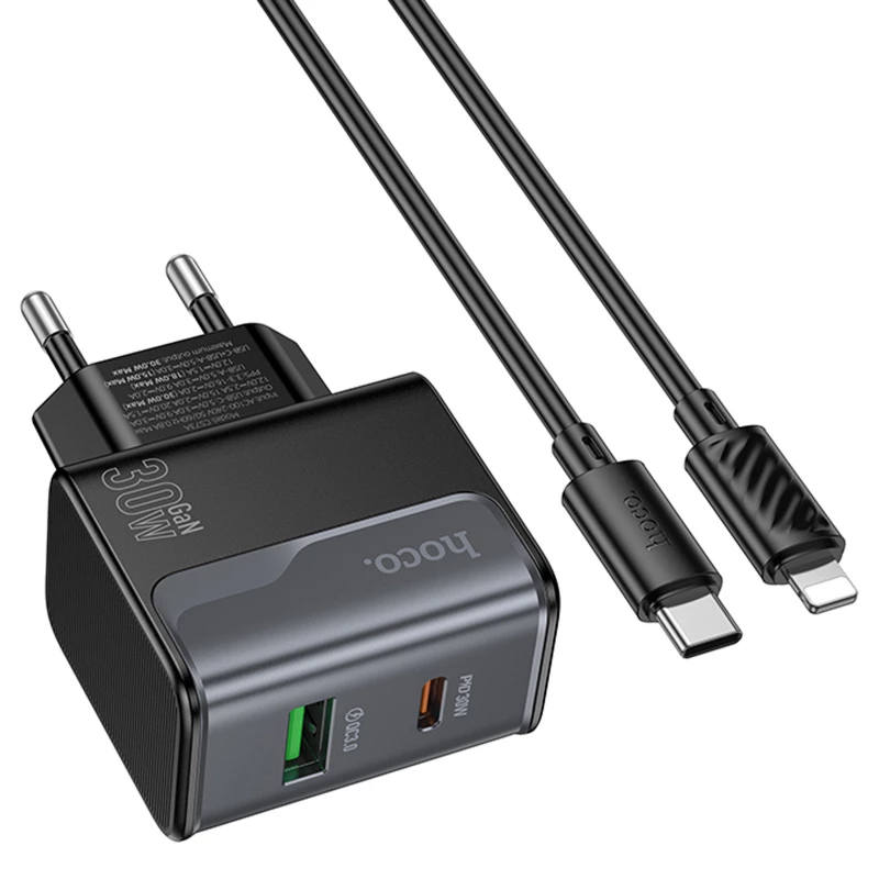 СЗУ Hoco CS73A Star Speed PD30W+QC3.0 (1USB-A/1C) + кабель Type-C to Lightning – Midnight Black. Фото 3 из 5