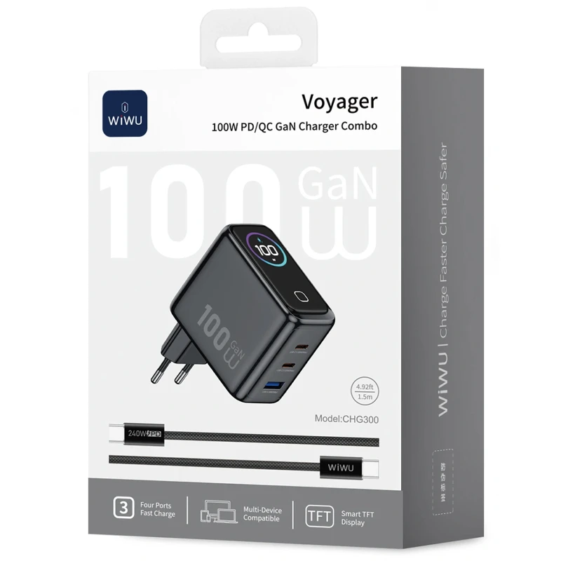МЗП WIWU CHG300 Voyager PD100W+QC3.0 (1USB-A/2C) + кабель Type-C to Type-C – Grey. Фото 4 з 4