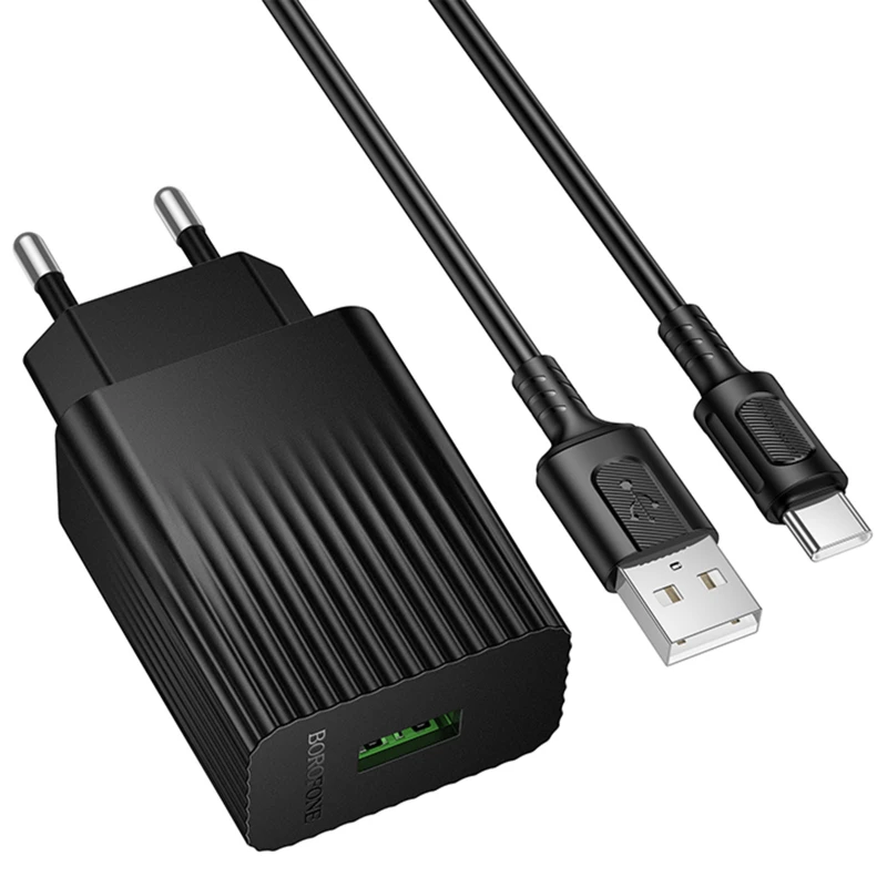 МЗП Borofone BAS72A Source QC3.0 (1USB-A) + кабель USB to Type-C – Black. Фото 1 з 3