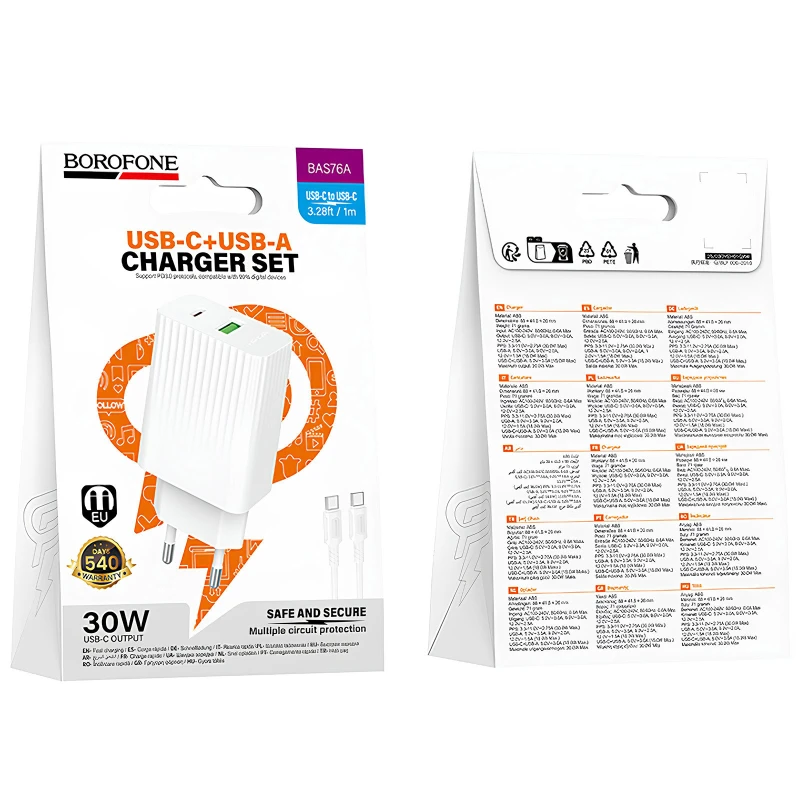 МЗП Borofone BAS76A Source PD30W+QC3.0 (1USB-A/1C) + кабель Type-C to Type-C – White. Фото 3 з 5