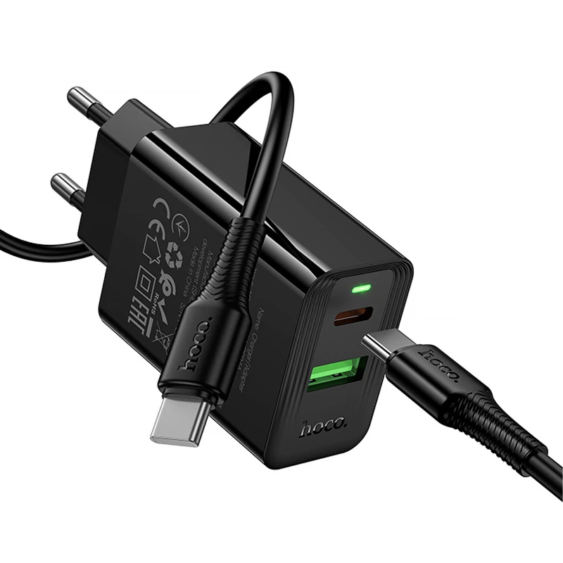 СЗУ Hoco CS94A Leader PD20W+QC3.0 (1USB-A/1C) + кабель Type-C to Type-C – Black. Фото 4 из 6