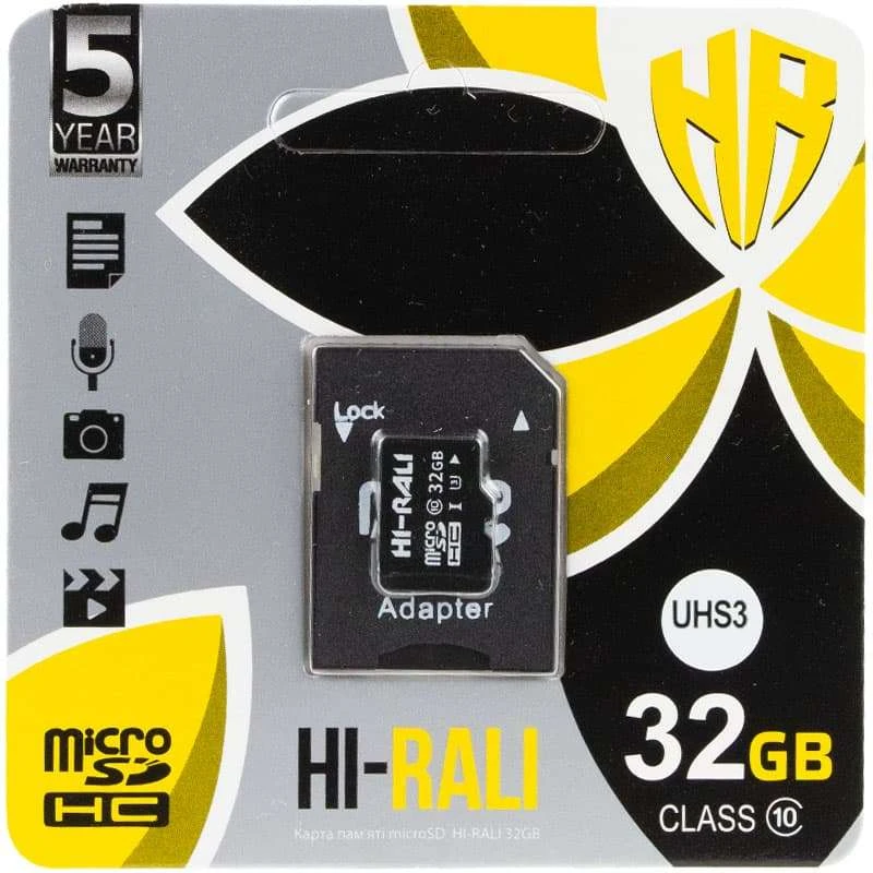 

Карта памяти Hi-Rali microSDXC (UHS-3) 32 GB Card Class 10 (с адаптером) (Черный), Чорний
