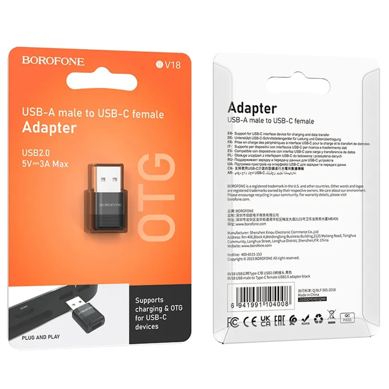 Перехідник Borofone BV18 USB male to Type-C female USB2.0 – Black. Фото 4 з 4