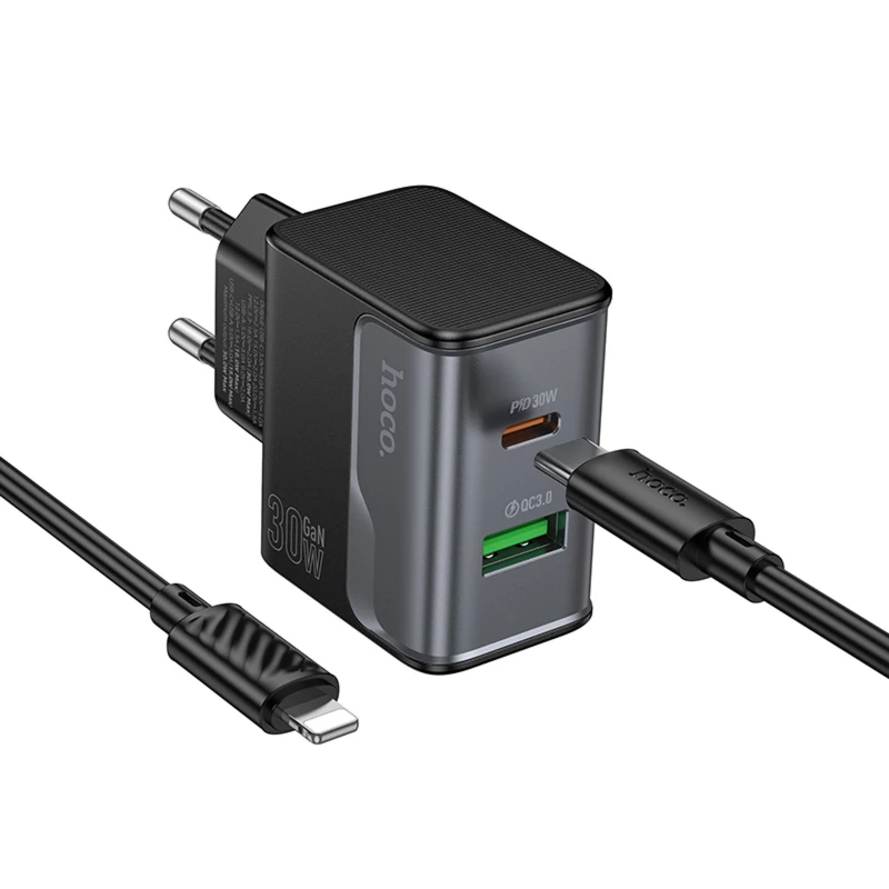 СЗУ Hoco CS73A Star Speed PD30W+QC3.0 (1USB-A/1C) + кабель Type-C to Lightning – Midnight Black. Фото 2 из 5
