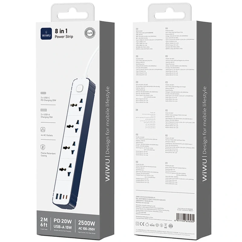 Подовжувач WIWU S007 Power Strip PD20W (2USB-A/2C/4xSocket) (2m) – White. Фото 4 з 4